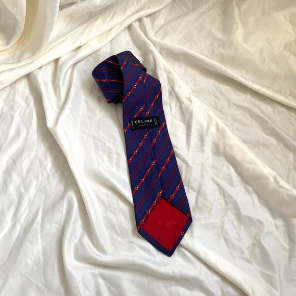 Celine Paris blue red stripped silk luxury men's neck tie - Picture 2 of 9